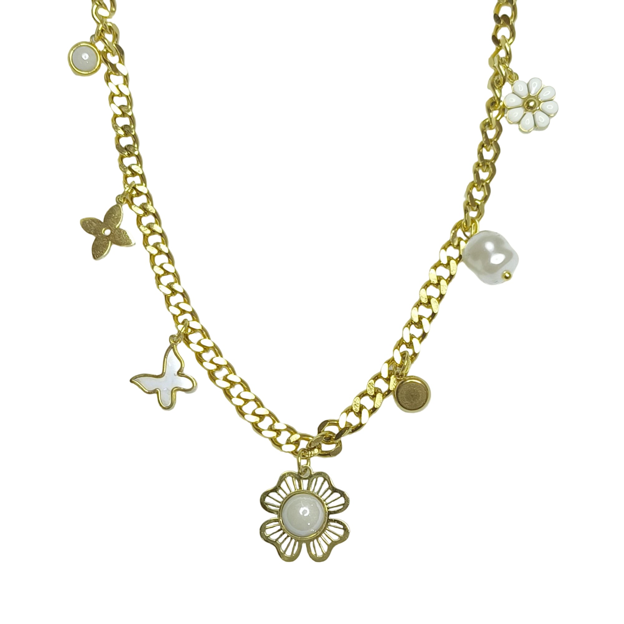 Florhena Blooming Charm Gold Necklace with Pearl & Butterfly Accents