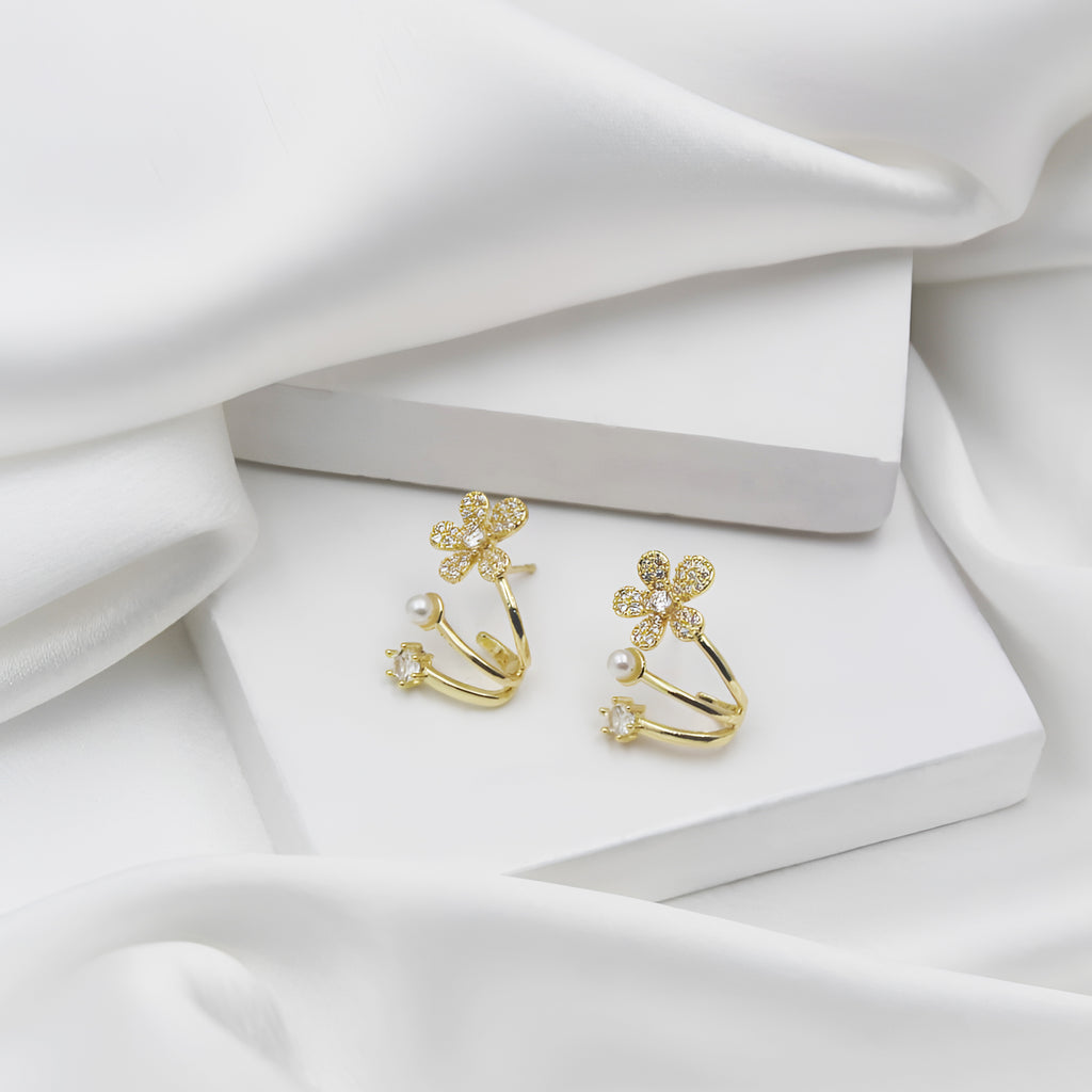 Bloom & Pearl Dual Band Floral Stud Earrings