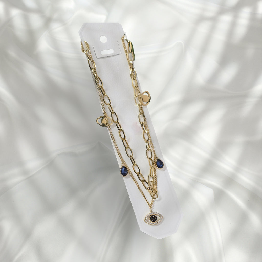 Evil Eye Layered Necklace with Gold Motifs & Blue Charms