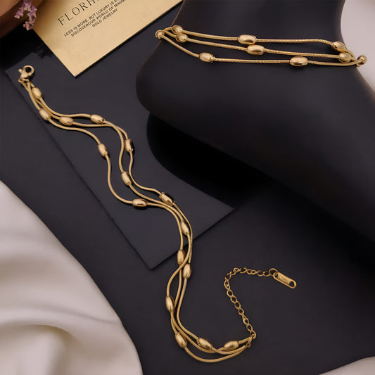 Triple Strand Gold Bead Charm Anklet
