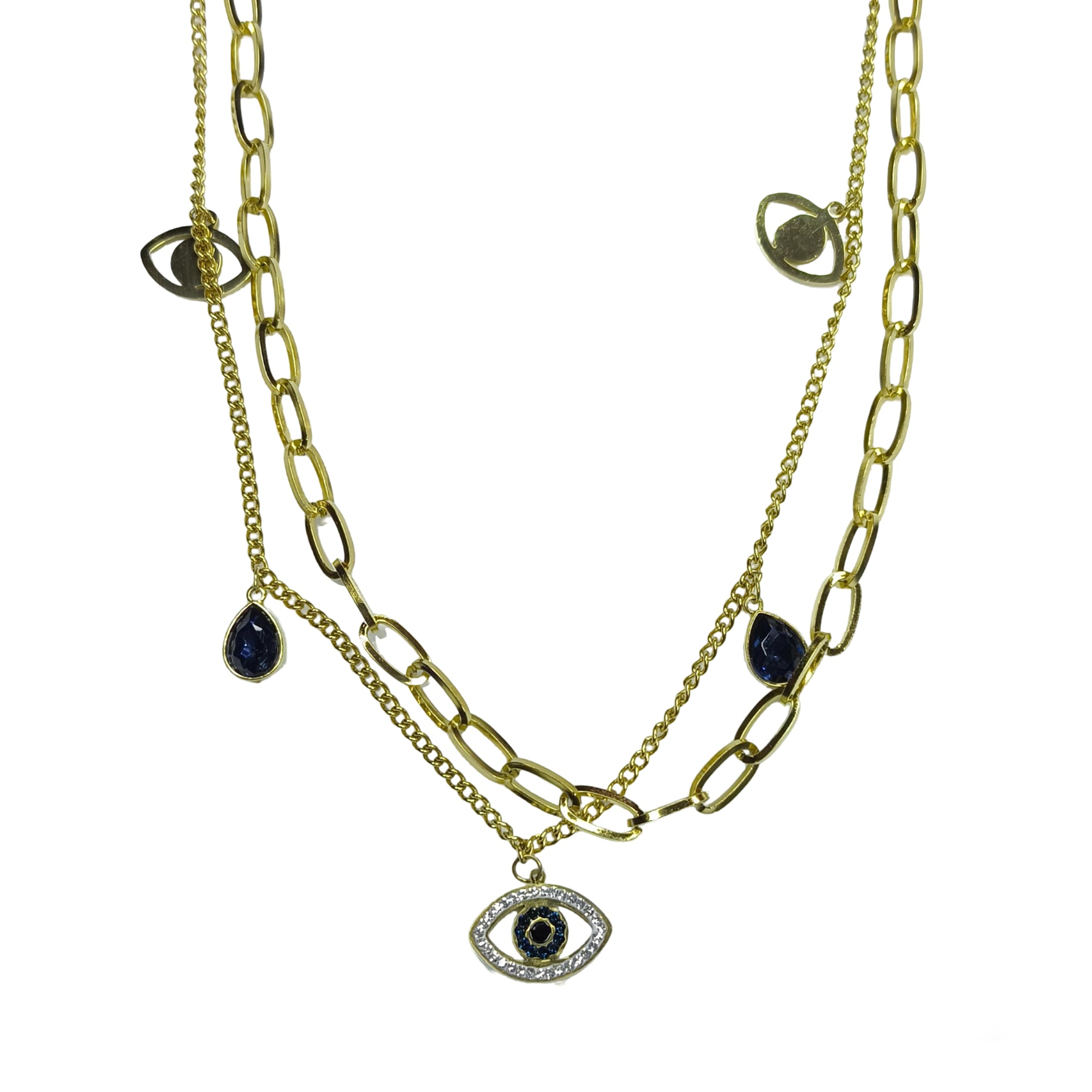 Evil Eye Layered Necklace with Gold Motifs & Blue Charms