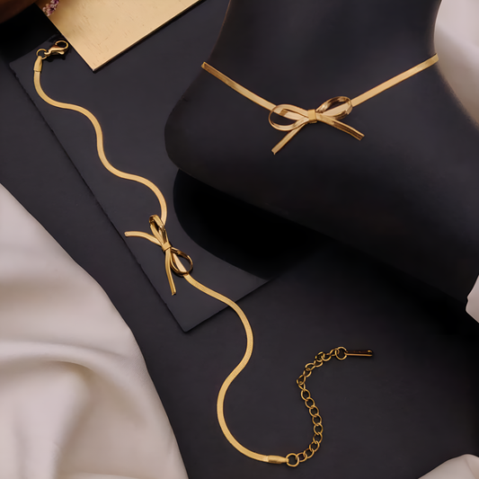 Florhena Bow Gold Anklet with Sleek Minimalist Charm for Elegant Style