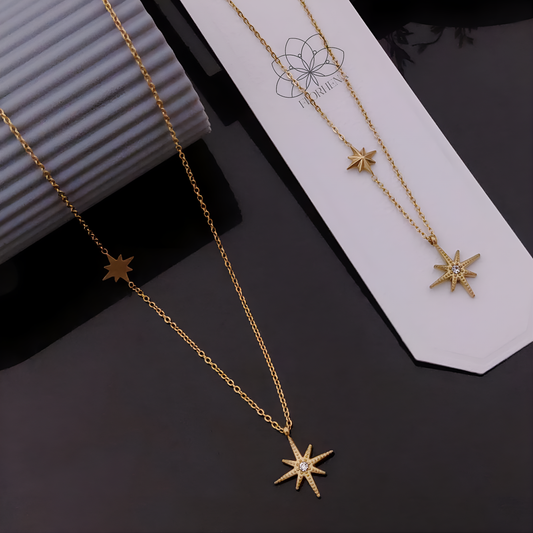 Celestial Glow Necklace – Gold-Plated North Star Pendant with Crystal Center