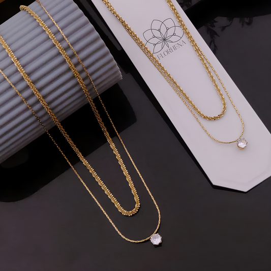 Layered Gold Necklace with Solitaire Crystal Pendant