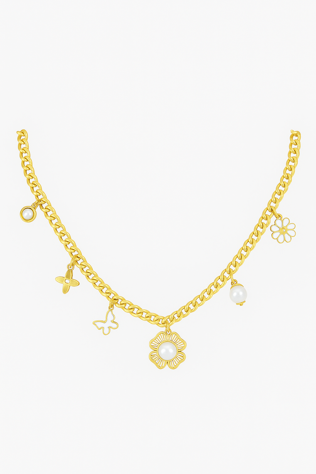 Florhena Blooming Charm Gold Necklace with Pearl & Butterfly Accents