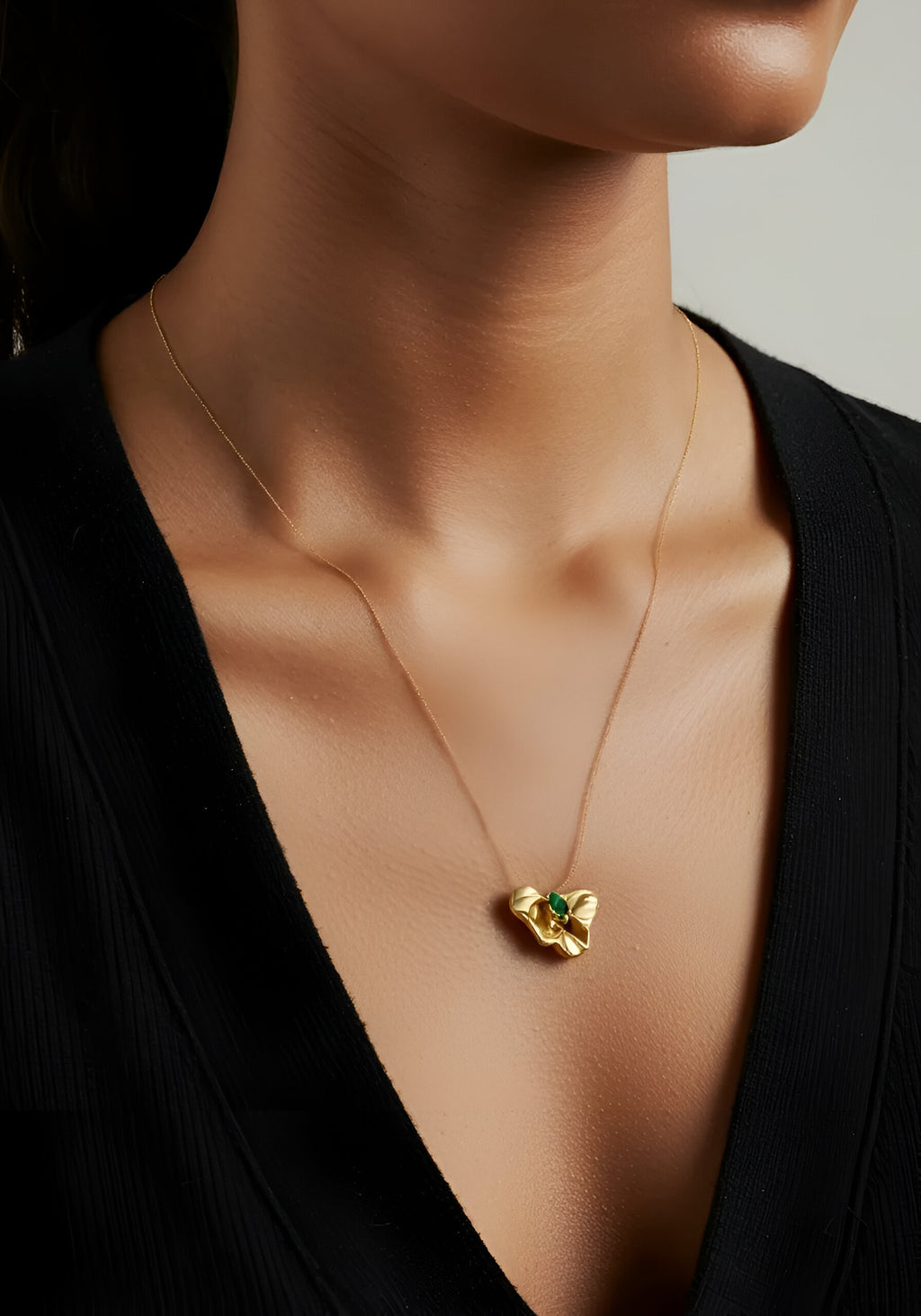 Florhena Luxe Bloom Pendant – 18K Gold Plated leaf with Emerald Green Gemstone