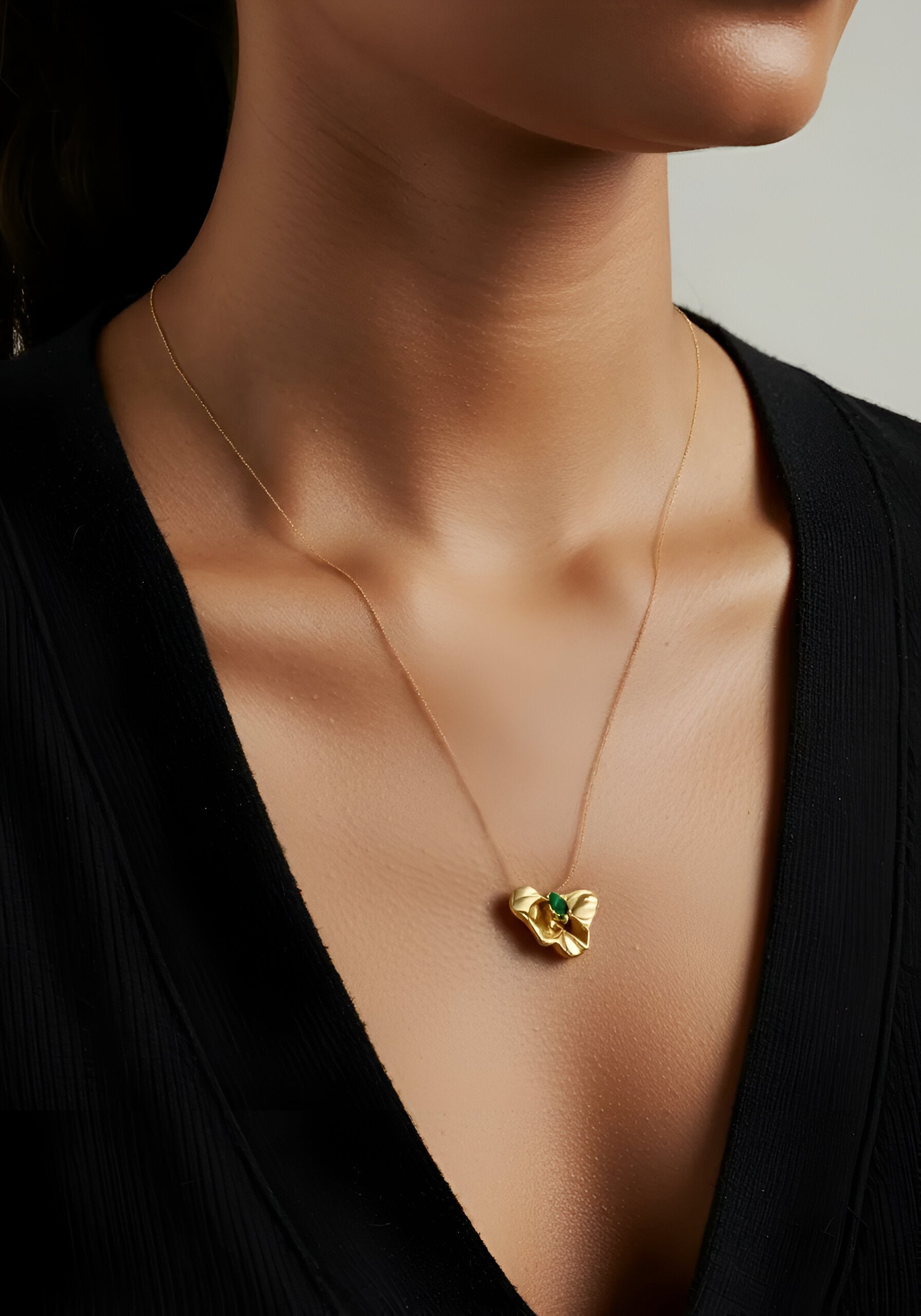 Florhena Luxe Bloom Pendant – 18K Gold Plated leaf with Emerald Green Gemstone