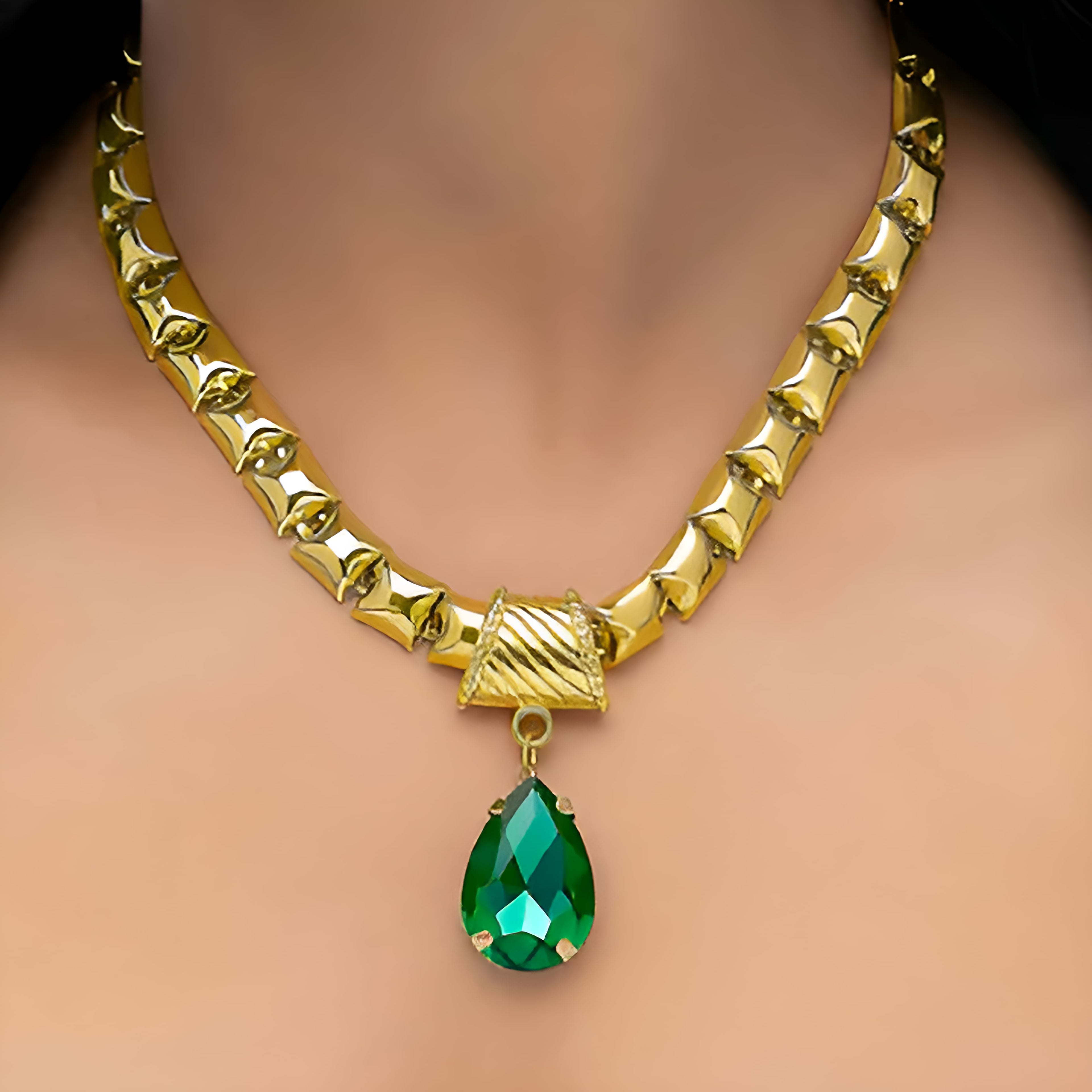 Emerald Radiance Bold Gold-Plated Statement Necklace with Earing