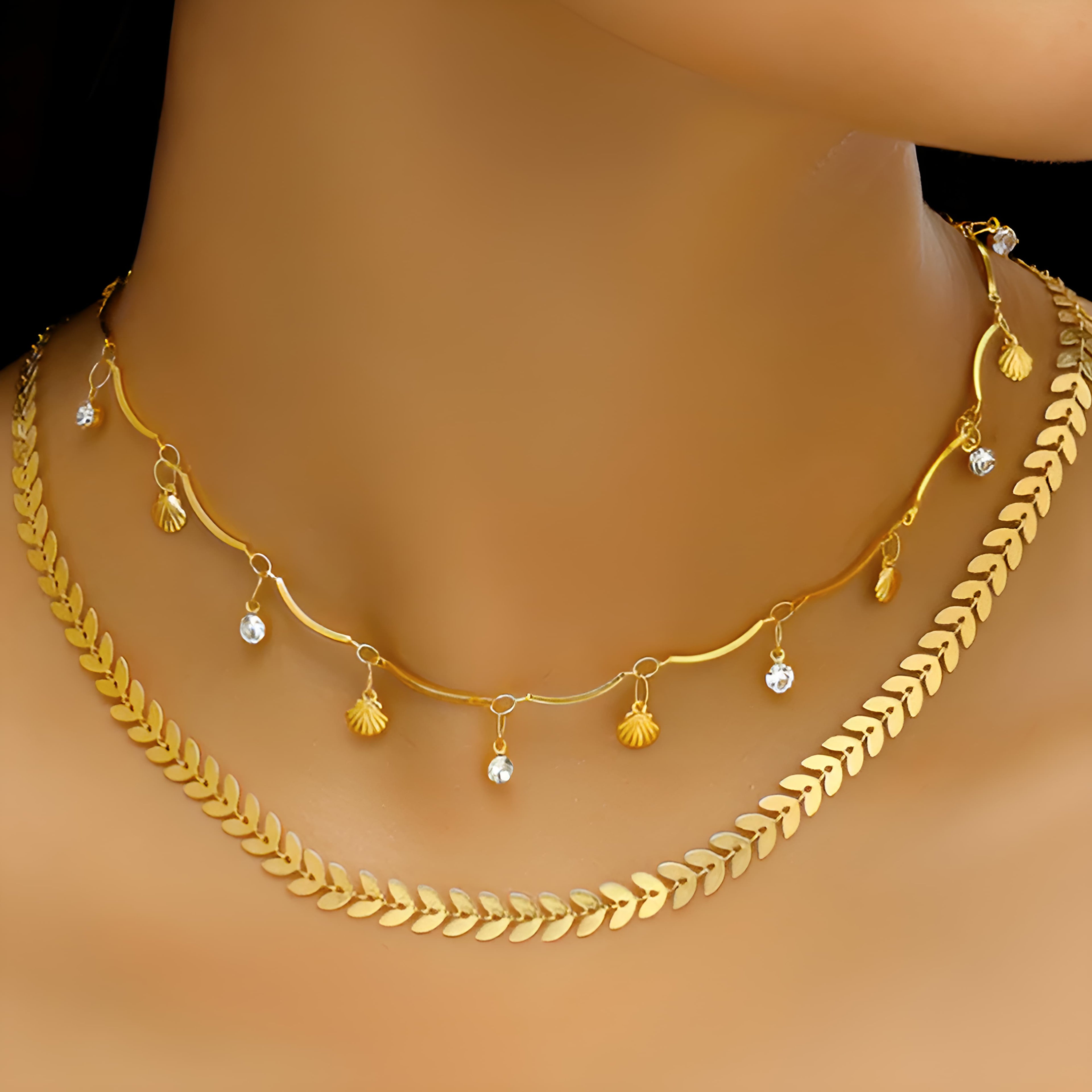 Luxe Gold Leaf & Seashell Layered Necklace Duo