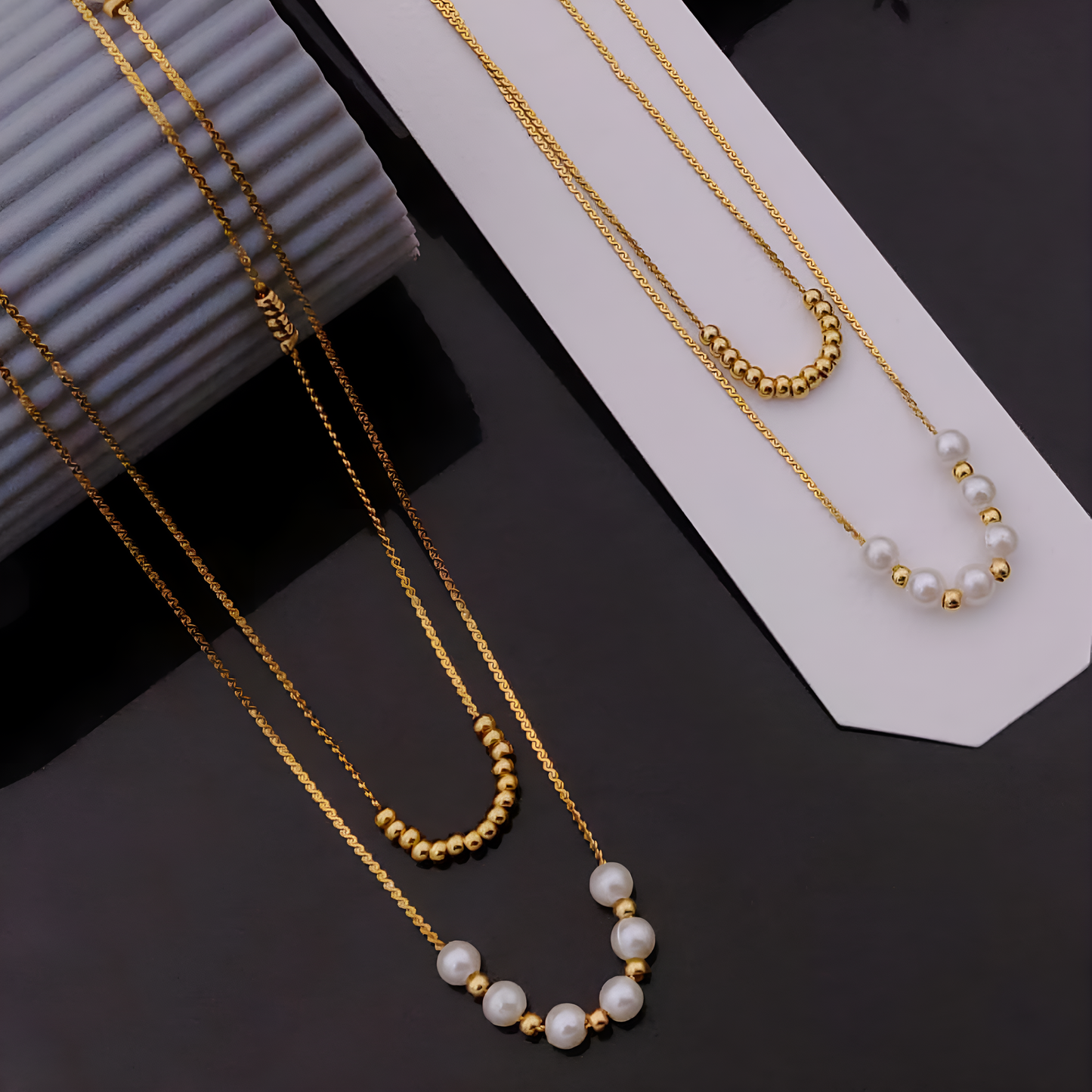 Two-Layer Gold Necklace with White Pearls & Beaded Chain