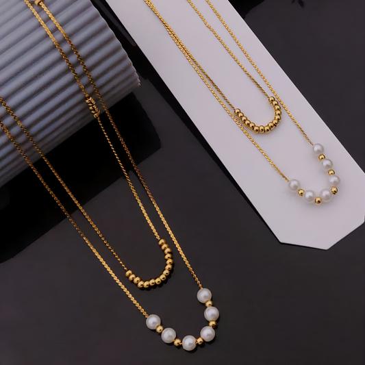 Two-Layer Gold Necklace with White Pearls & Beaded Chain