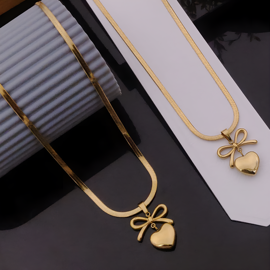 Gold Heart Pendant Necklace with Bow Charm