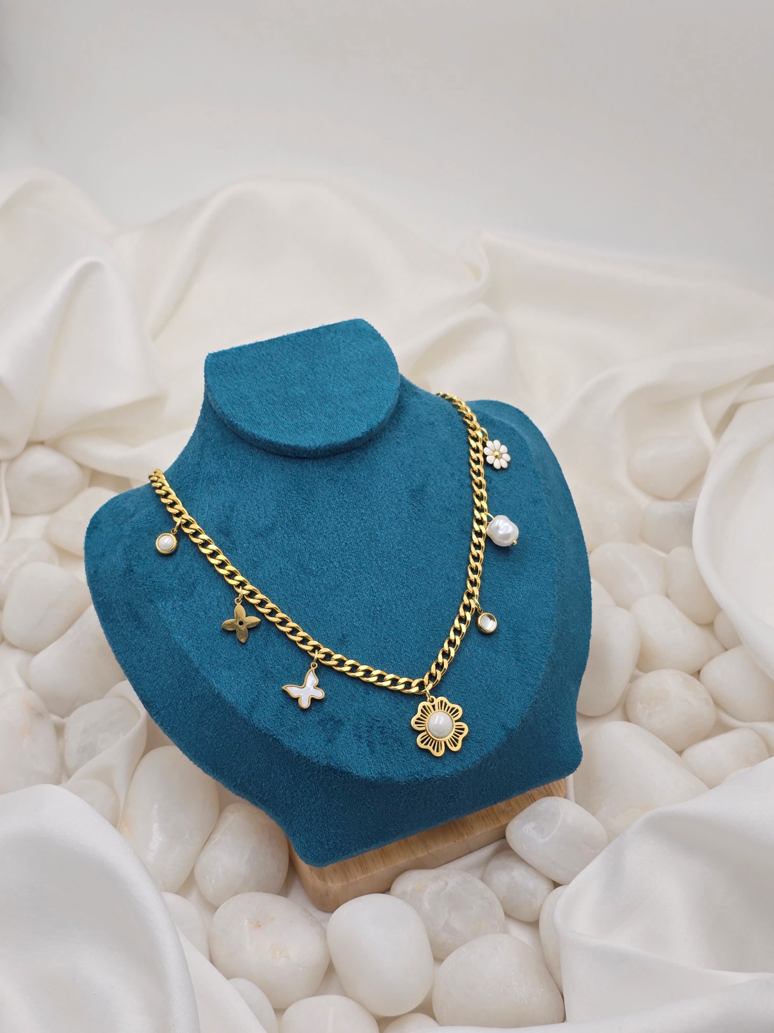 Florhena Blooming Charm Gold Necklace with Pearl & Butterfly Accents